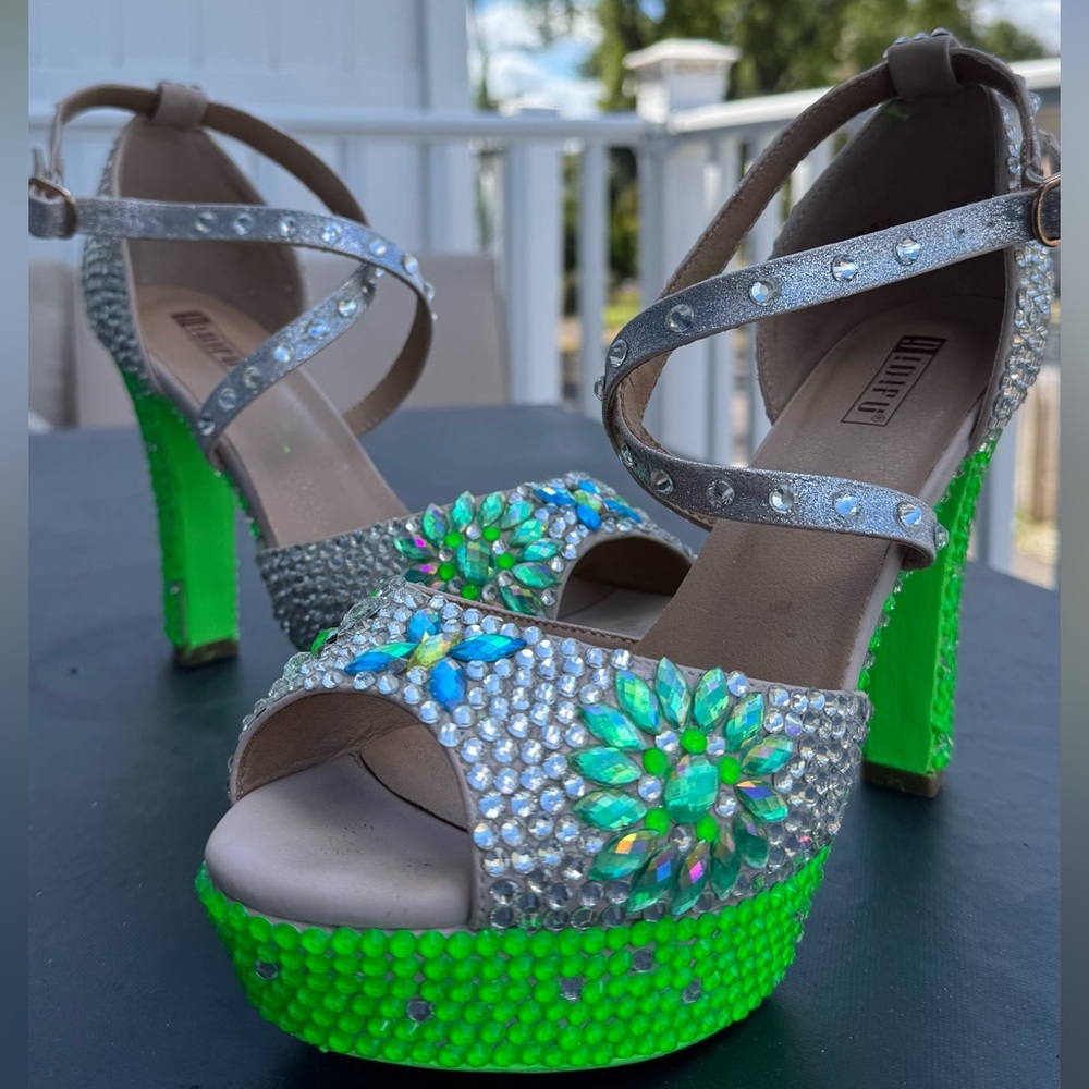 Competition NEON Green and Silver Embellished Heels WBFF/FMG